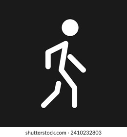 Human dark mode glyph ui icon. Passer by. Walking person. Citizen. User interface design. White silhouette symbol on black space. Solid pictogram for web, mobile. Vector isolated illustration