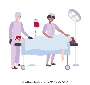 Human Death Flat Icon With Doctors And Dead Woman On Operating Table Vector Illustration