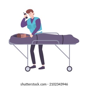 Human death flat icon with paramedic and dead person on stretcher vector illustration
