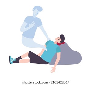 Human Death Flat Icon With Sad Soul Of Man Looking At His Dead Body Vector Illustration