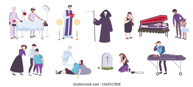 Human death funeral service cemetery and mourning flat icons set isolated on white background vector illustration  