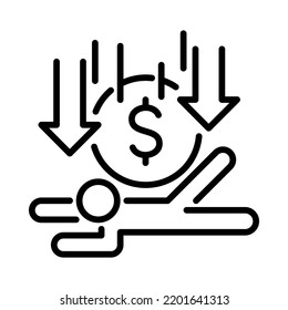 Human debt icon. Money drop on human. Outline style. Vector. Isolate on white background.