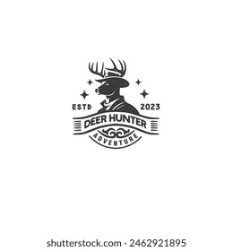 human deer head with antlers horned silhouette mascot vintage badge logo design vector illustration