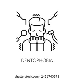 Icono de dentofobia humana, salud mental. Miedo al dentista, problema de psicología de la gente, trastorno mental delgada línea vector icono o contorno pictograma con el hombre asustado de las herramientas del dentista