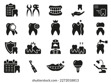 Human Denture, Veneer, Teeth Crown Silhouette Icon Set. Dental Diagnostic. Tooth Medical Care Glyph Pictogram. Oral Hygiene. Dental Treatment Sign. Dentistry Symbol. Isolated Vector Illustration.