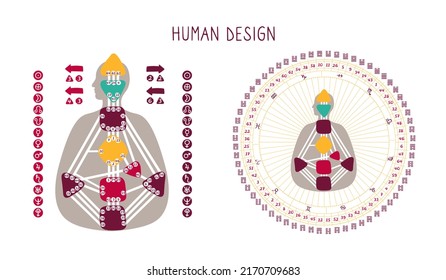 Human Design BodyGraph chart. Nine colored energy centers, planets, variables. Mandala. Hand drawn vector graphic
