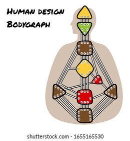 Human Design BodyGraph. Nine colored energy centers. Hand drawn graphic