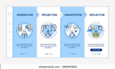 Human design classification onboarding vector template. Individuality types. Psychological knowledge. Responsive mobile website with icons. Webpage walkthrough step screens. RGB color concept