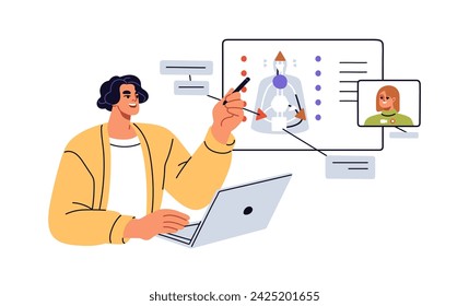 Human Design expert reading bodygraph for client online. Interpreting body graph, birth date chart via internet. Esoteric self-knowledge, science. Flat vector illustration isolated on white background