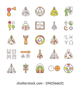 Human design RGB color icons set. Bodygraph chart explanation. Aura. Reflector, generator, projector, manifestor. Zodiac signs. Energy centers in body. In-body chakras. Isolated vector illustrations