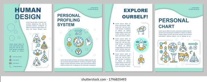 Plantilla de folleto del sistema de diseño humano. Práctica de autocomprensión. Volante, folleto, folleto impreso, diseño de portada con iconos lineales. Diseños vectoriales para revistas, informes anuales, afiches publicitarios
