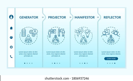 Human design types onboarding vector template. Unique personality traits. Pseudoscience knowledge. Responsive mobile website with icons. Webpage walkthrough step screens. RGB color concept