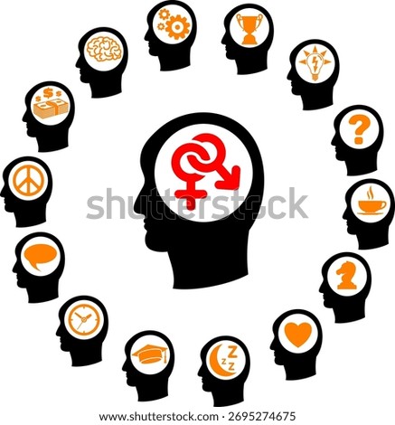 Human Desires Logo with Set of Thinking Head Icons in two color. Vector isolated on white.