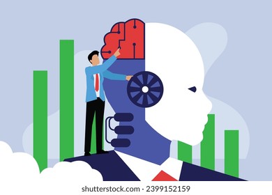 Human develop AI brain in a robot to increase productivity 2d vector illustration concept