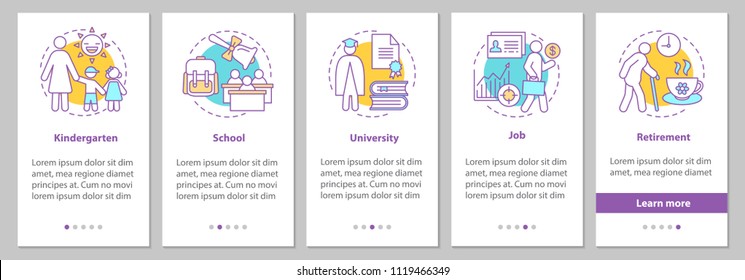 Human development cycle onboarding mobile app page screen with concepts. Kindergarten, school, university, job, retirement steps graphic instructions. UX, UI, GUI vector template with illustrations