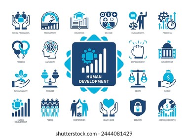 Symbolsatz für menschliche Entwicklung. Produktivität, Regierung, Fortschritt, Sozialprogramme, Fähigkeit, Fairness, Wohlfahrt, Bildung. Zweifarbige Volltonsymbole