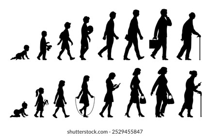 Human in different ages. Set of black silhouettes of man and woman at different stages of growing up, from baby to elderly person. Flat vector illustration collection isolated on white background