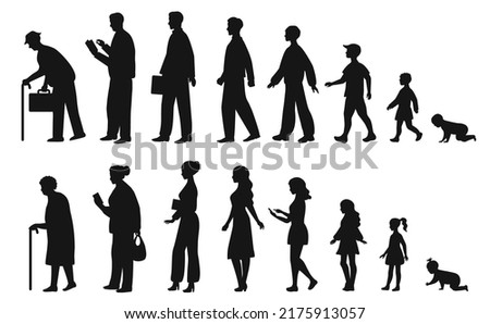 Human in different ages. Silhouette profile of male and female person growth stages, people generations from baby to old vector illustration set. Man and woman characters in aging process