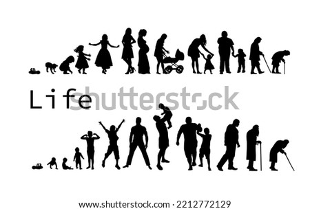 Human in different ages. Silhouette profile of male and female person growth stages, people generations from baby to old vector illustration set. Man and woman characters in aging process