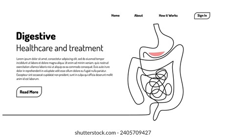 Menschliche Digestion kontinuierliche Linienzeichnung, Digestive ein handgezeichnetes medizinisches Konzept. Vorlage für die gesunde Magen-Darm-Landung.