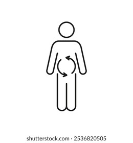 Icono de línea del sistema digestivo humano. Digestión Y Dieta Saludables. Hombre con flechas en el signo del vientre. Ilustración vectorial aislada.
