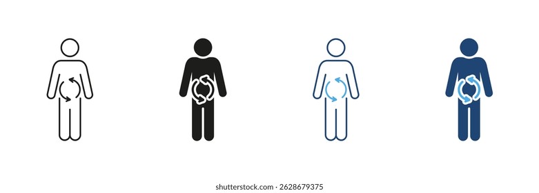 Linha do sistema digestivo humano e conjunto de ícones de silhueta. Digestão E Dieta Saudáveis. Homem com setas no sinal de barriga. Traço editável. Ilustração de vetor isolada.