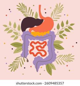 Human Digestive System. Stomach, liver, spleen, gallbladder, small intestine and large intestine.Human body inside	
