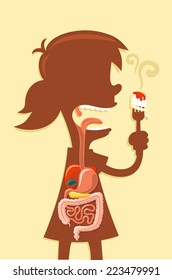 Human Digestive System X-ray From A Little Girl Vector Cartoon Illustration