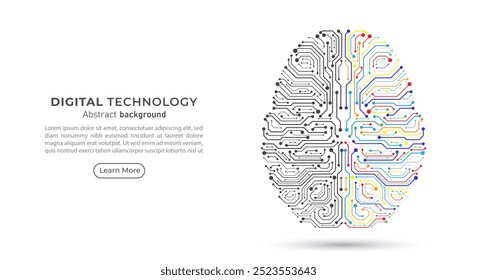 Cerebro del circuito digital humano. Cerebro izquierdo y derecho aislado en el fondo. Innovación e ideas creativas. Inteligencia artificial y tecnología de aprendizaje automático. Ilustración vectorial.
