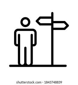 Human with direction pillar. Line vector. Isolate on white background.