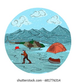 Human discover the new lands. Vector illustration .Achievement, Exploring, Discovery.