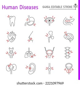 Human diseases line icon set, body pain vector collection, logo illustrations, disease vector icons, outline style pictogram pack, editable stroke icons.