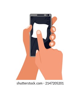 Human disinfect and clean mobile phone with antibacterial wet wipes to protect. Phone surface disinfection. Human hands with disinfectant wipes. Cleaning gadget. Vector illustration flat design.