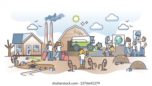 Human displacement due to climate change and global warming outline concept. Home loss and need to move because of temperature rising and nature destruction vector illustration. CO2 footprint impact.