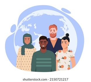 Human diversity abstract concept. Group of beautiful smiling people with different nationalities. Europeans, African Americans and Asians friends and communicate. Cartoon flat vector illustration