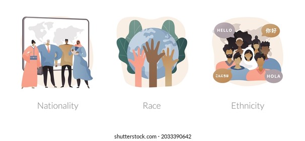 Human diversity abstract concept vector illustration set. Nationality, race and ethnicity, country of birth, passport, social difference, human rights, skin color, genetic code abstract metaphor.