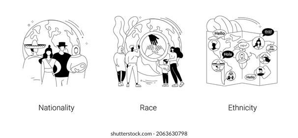 Human diversity abstract concept vector illustration set. Nationality, race and ethnicity, birth certificate, human rights, skin color, national cuisine, cultural heritage, ancestry abstract metaphor.