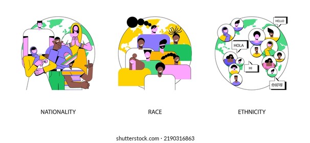 Human diversity abstract concept vector illustration set. Nationality, race and ethnicity, birth certificate, human rights, skin color, national cuisine, cultural heritage, ancestry abstract metaphor.