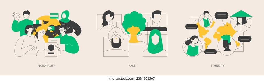 Human diversity abstract concept vector illustration set. Nationality, race and ethnicity, country of birth, passport, social difference, human rights, skin color, genetic code abstract metaphor.