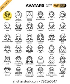 Human diversity avatar line icons set in modern line icon style for ui, ux, website, web, app graphic design