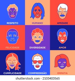 Human diversity illustration in Brazilian Portuguese. Translation - Respect, human, friendship, happiness, diversity, love, complicity, understanding, empathy.