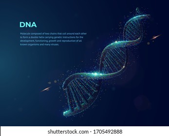 Human DNA abstract dotwork vector illustration made of cloud of colored dots. Digital art on topics of science or medicine. Deoxyribonucleic acid graphic design consists of neon particles. 