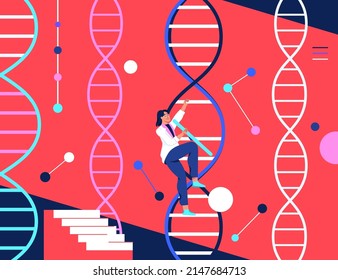 Human DNA. Chromosome sequence. A girl climbs the ladder of evolution. The concept of biotechnology, life extension, health, and immortality. Character design. Vector flat illustration.