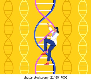 Human DNA. Chromosome sequence. A girl climbs the ladder of evolution. The concept of biotechnology, life extension, health, and immortality. Character design. Vector flat illustration.