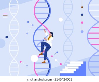 Human DNA. Chromosome sequence. A girl climbs the ladder of evolution. The concept of biotechnology, life extension, health, and immortality. Character design. Vector flat illustration.