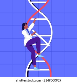 ADN humano. Secuencia cromosómica. Una chica sube la escalera de la evolución. El concepto de biotecnología, extensión de vida, salud e inmortalidad. Diseño de caracteres. Ilustración plana vectorial.