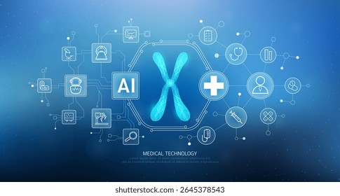 DNA humano no cromossomo X translúcido com ícones de rede médica. Inteligência artificial em tecnologia de saúde. Inovação em diagnósticos médicos inteligentes de saúde digital. Vetor. 
