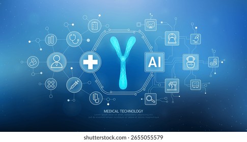 El ADN humano en el cromosoma Y es translúcido con iconos de redes médicas. Inteligencia artificial en tecnología de atención médica. Innovación en salud digital y diagnóstico médico inteligente. Vector. 