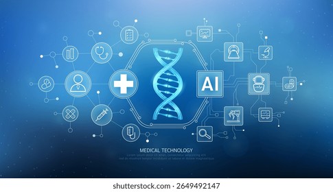 ADN humano ácido desoxirribonucleico translúcido con iconos de redes médicas. Inteligencia artificial en tecnología de atención médica. Innovación en salud digital y diagnóstico médico inteligente. Vector. 
