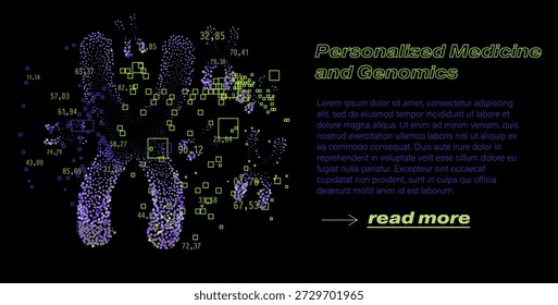 Hélice dupla de DNA humano formada por nuvens de partículas brilhantes e coordenadas dispersas em tons de verde neon e roxo. Ilustração vetorial conceitual para medicina personalizada, genômica, saúde de precisão e temas de biotecnologia.